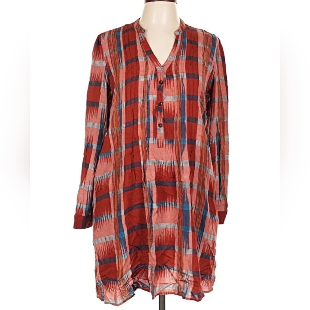 {Anthropologie - 11.1.Tylho} Red Blue Plaid Women's Kimono Tunic Top Dress